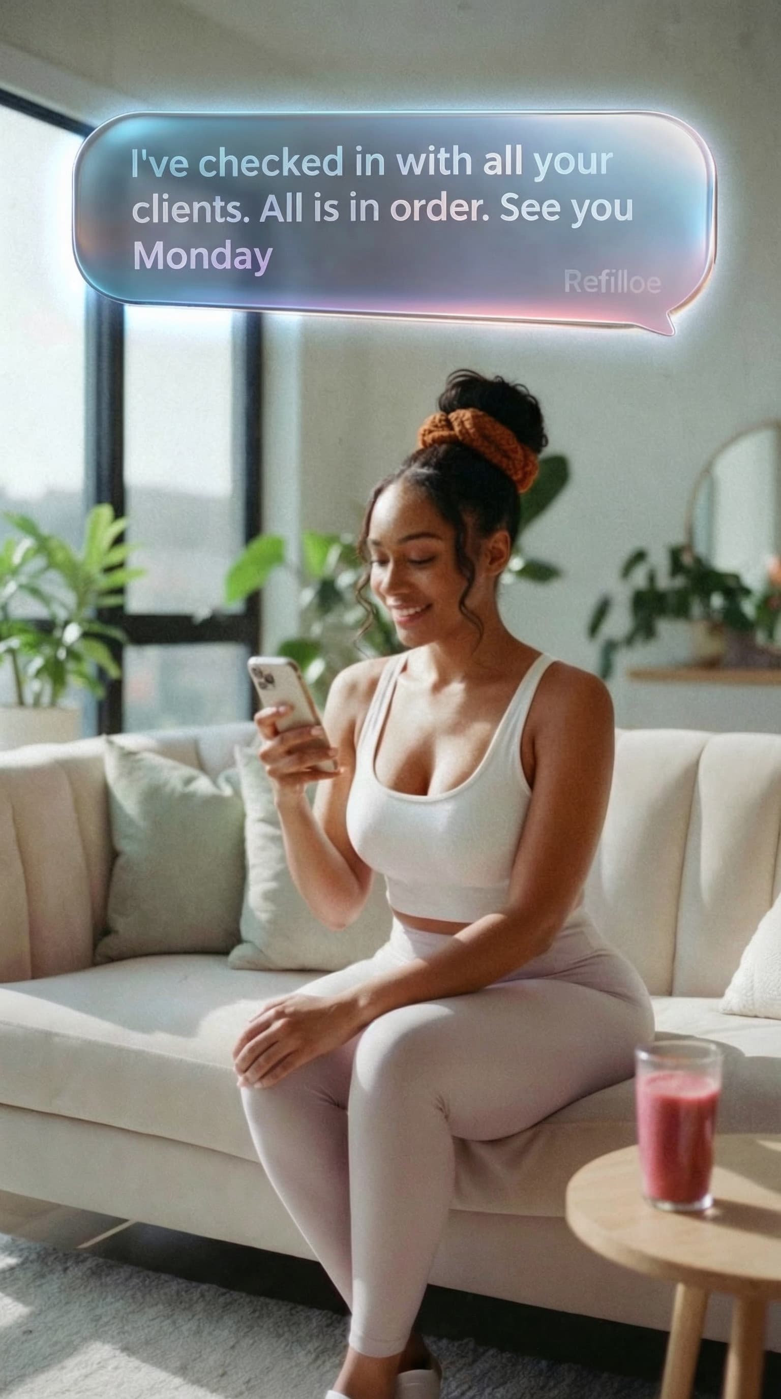 African personal trainer relaxing while Refiloe handles her business